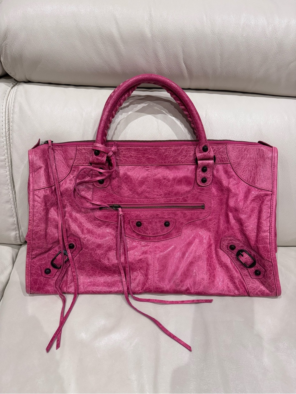Motorcycle Work Bag in Vintage Crinkled Leather in Magenta Pink